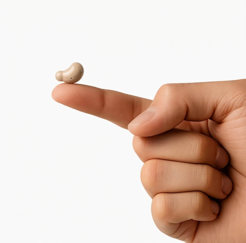 Novem earbud balanced on a fingertip showing its tiny size